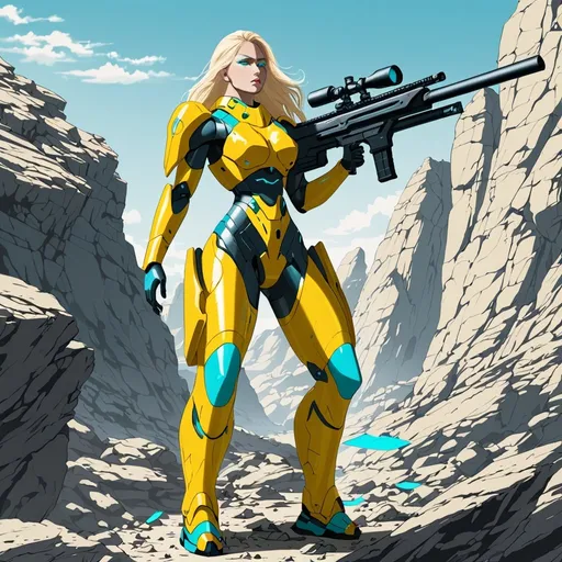 Prompt: Giant woman blonde turquoise eyes yellow body armour carrying futuristic sniper rifle in rocky setting 