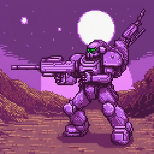 Prompt: Purple Zaku firing futuristic rifle on the moon, sci-fi, vivid colors, high-tech machinery, lunar landscape, detailed mecha design, intense action, atmospheric lighting, highres, ultra-detailed, futuristic, lunar, mecha, intense action, vivid colors, sci-fi, atmospheric lighting