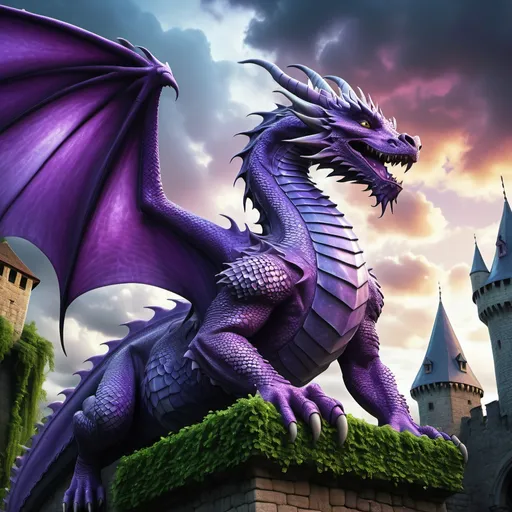 Prompt: Purple dragon, (majestic creature), vibrant scales glowing, soaring above, medieval castle courtyard background, detailed stone architecture, lush greenery, dramatic clouds in a cool tone sky, enchanting atmosphere, high detail, ultra-detailed, cinematic quality, fantasy realm, captivating ambiance.