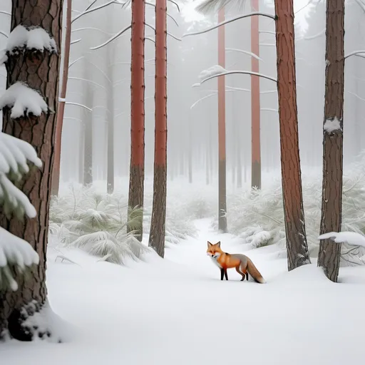 Prompt: A tranquil snow-covered pine forest, where the tall evergreen trees are draped in a thick quilt of glistening white snow. Soft flakes gently fall from the overcast sky, creating a serene and still atmosphere. The muted light filters through the branches, casting delicate shadows on the powdery ground. Somewhere in the scene, a lone red fox peeks cautiously out from behind a tree, its bright fur a striking contrast against the monochromatic landscape. The silence is palpable, broken only by the soft crunch of snow underfoot, evoking a sense of peaceful solitude. This enchanting winter scene is rendered in a dreamy watercolor illustration style, enhancing the ethereal beauty of the snow-laden pines.