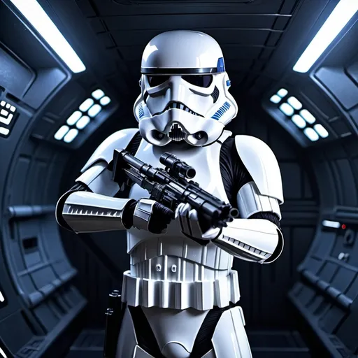 Prompt: Star Wars storm trooper in fully blue suit, carrying blaster, aboard Death Star, sci-fi, futuristic, detailed armor, intense and focused gaze, high-tech blaster, epic lighting, best quality, highres, ultra-detailed, futuristic, sci-fi, detailed armor, intense gaze, professional, atmospheric lighting