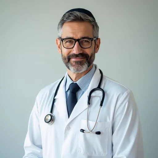 Prompt: Jewish doctor wearing white coat and stethoscope 