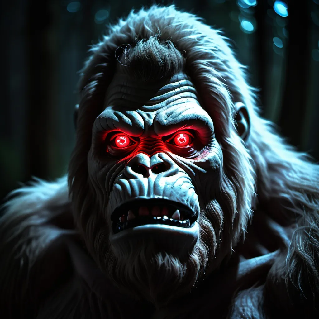 Prompt: Ugly looking sasquatch face with glowing red eyes at night