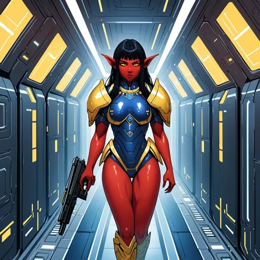 Prompt: Giant woman with black hair and red skin and yellow eyes with elf ears wearing sapphire coloured body armour carrying futuristic pistol inside spaceship corridor 