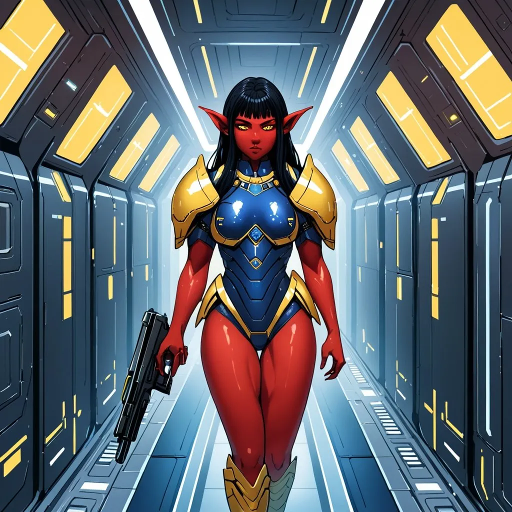 Prompt: Giant woman with black hair and red skin and yellow eyes with elf ears wearing sapphire coloured body armour carrying futuristic pistol inside spaceship corridor 