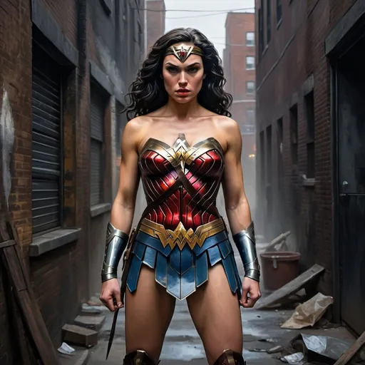 Prompt: Transgender Wonder Woman in a gritty urban setting, bold and powerful, oil painting, back alley, detailed and realistic portrayal, high quality, gritty realism, transgender representation, superhero, powerful stance, urban decay, oil painting, detailed facial features, strong and confident, dark and moody lighting, oil painting, realistic, dark tones, powerful, urban setting, alleyway