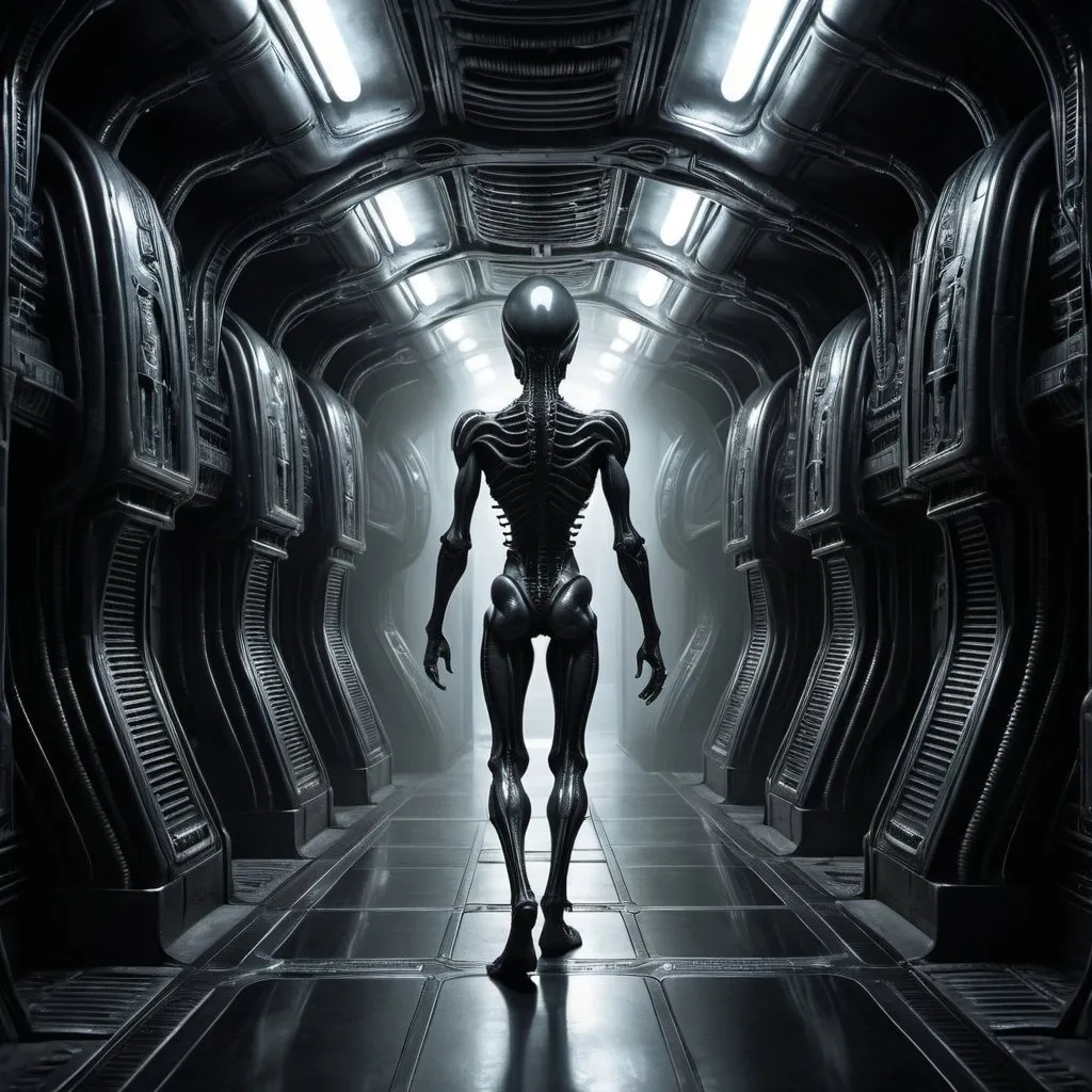 Prompt: H.R. Giger Alien walking down spaceship corridor, bio-mechanical design, eerie atmosphere, high contrast lighting, detailed biomechanical structure, industrial sci-fi aesthetic, extraterrestrial being, dark tones, sharp shadows, haunting presence, cinematic quality, highres, ultra-detailed, sci-fi, horror, industrial, eerie lighting, biomechanical design