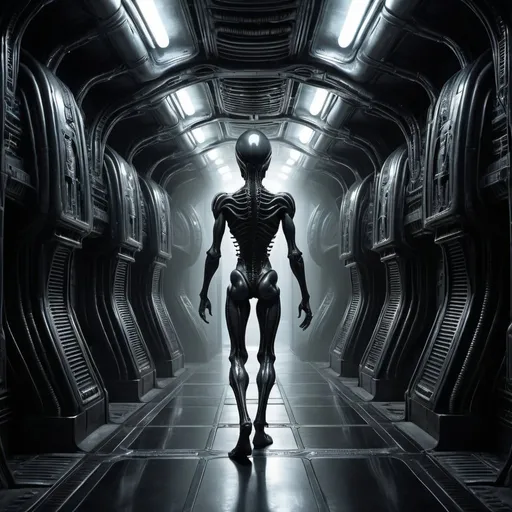 Prompt: H.R. Giger Alien walking down spaceship corridor, bio-mechanical design, eerie atmosphere, high contrast lighting, detailed biomechanical structure, industrial sci-fi aesthetic, extraterrestrial being, dark tones, sharp shadows, haunting presence, cinematic quality, highres, ultra-detailed, sci-fi, horror, industrial, eerie lighting, biomechanical design