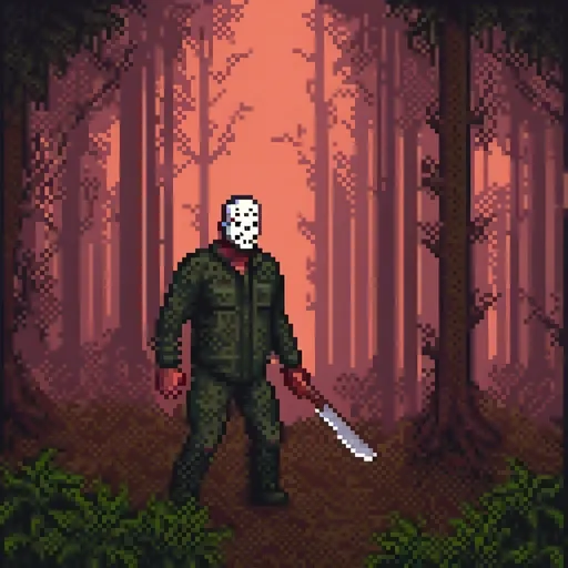 Prompt: Dark and eerie horror illustration of Jason Voorhees, dense forest setting, chilling atmosphere, ominous presence, detailed machete, menacing figure, high quality, horror, dark tones, detailed foliage, intense shadows, eerie lighting