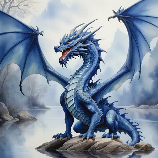 Prompt: Blue dragon emerging from the lake, watercolor painting, misty atmosphere, detailed scales and wings, majestic presence, high quality, watercolor, fantasy, misty, detailed scales and wings, majestic, atmospheric, reflective waters