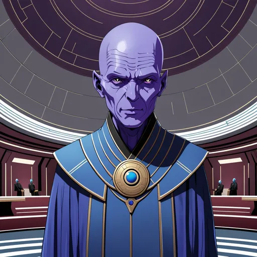 Prompt: Thin giant elder senator bald head purple skin blue robes in futuristic senate