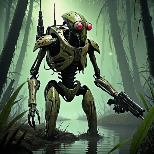 Prompt: Insectoid bounty hunter, swamp setting, laser pistols, high-res, detailed, sci-fi, futuristic, swampy atmosphere, insectoid exoskeleton, glowing compound eyes, sleek and menacing design, cybernetic enhancements, toxic and murky color tones, eerie and dim lighting, high-tech weaponry, professional artwork