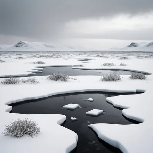 Prompt: Arctic tundra landscape, cold, bleak, desolate, icy terrain, snow-covered, minimalistic, high contrast, detailed, realistic, cold tones, overcast lighting