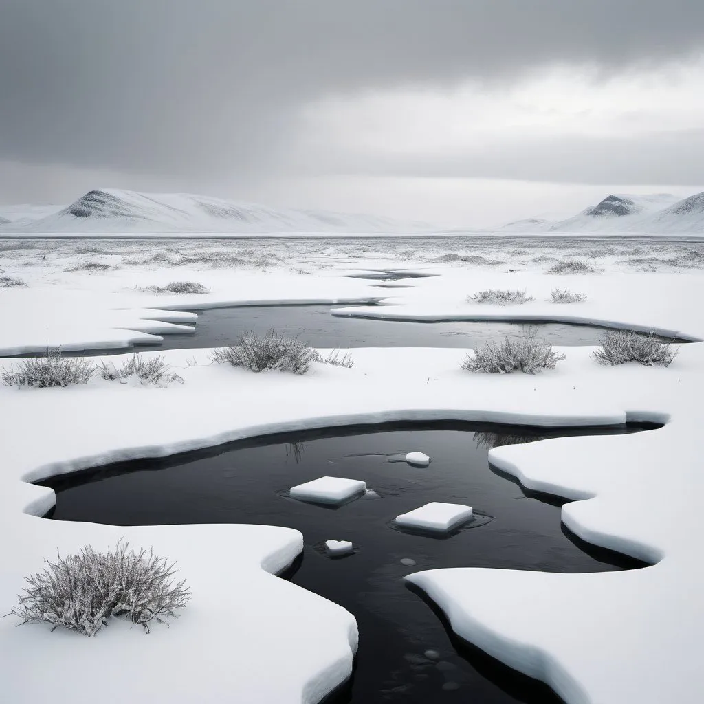 Prompt: Arctic tundra landscape, cold, bleak, desolate, icy terrain, snow-covered, minimalistic, high contrast, detailed, realistic, cold tones, overcast lighting