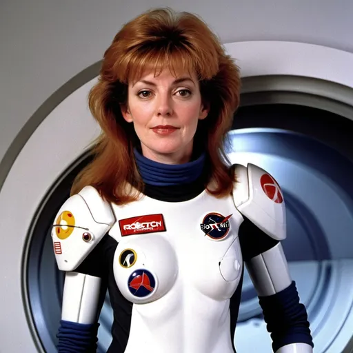 Prompt: Lisa Hayes from Robotech wearing spacesuit 