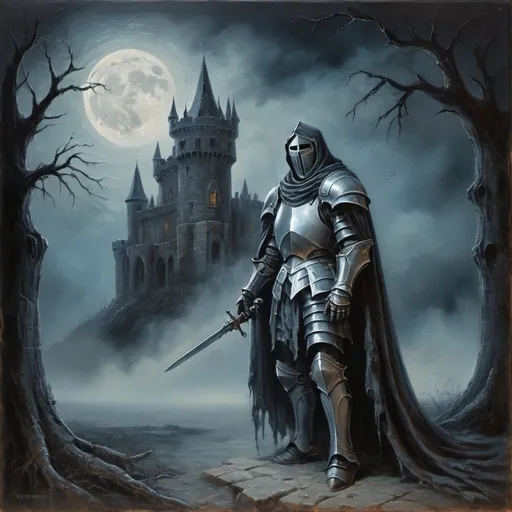 Prompt: Ghost knight haunting castle, eerie oil painting, moonlit night, spectral armor, tattered cloak billowing, haunting atmosphere, misty surroundings, chilling details, ghostly presence, high quality, atmospheric, eerie, moonlit, haunting, spectral, chilling, haunting atmosphere, oil painting, detailed armor, misty, tattered cloak