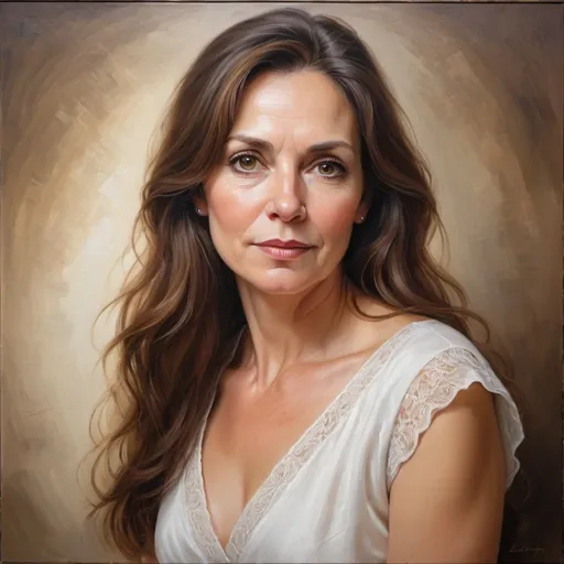 Prompt: Detailed oil painting of a beautiful middle-aged woman with long brown hair and striking brown eyes, elegant white dress, realistic textures, traditional oil painting, delicate brush strokes, lifelike portrait, high quality, classical, realistic, elegant, traditional oil painting, detailed hair and eyes, soft lighting, warm tones