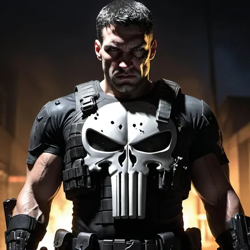 Prompt: The Punisher in black body armor, holding Uzis in each hand, intense and focused gaze, detailed weaponry, gritty realism, high quality, action-packed, dark and gritty, realistic lighting, professional, detailed eyes, detailed armor, comic book style, intense shadows, dramatic lighting