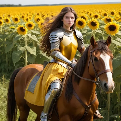 Prompt: Female knight with long brown hair and brown eyes wearing yellow armour riding horse in sunflower field wearing sword on hip