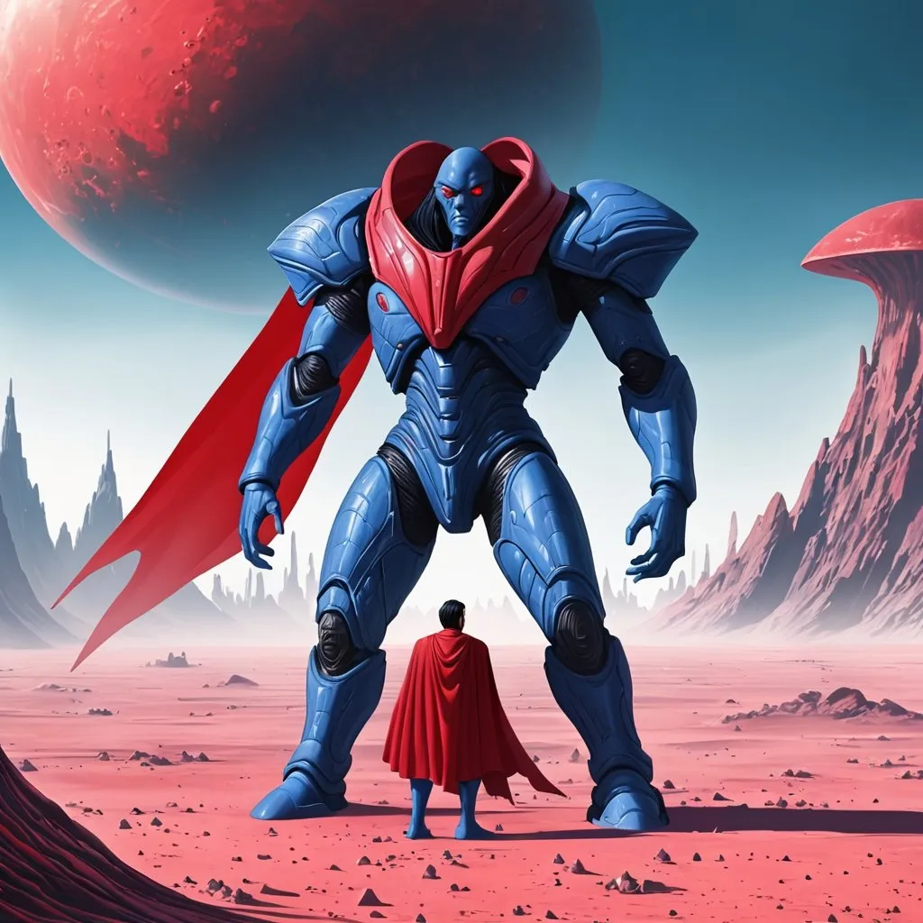 Prompt: Giant man with black hair red eyes blue body armour red cape on alien world 