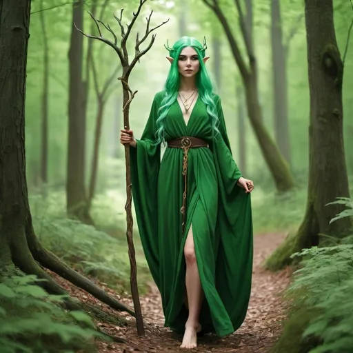 Prompt: Elf priestess with green hair and long green robes carrying staff in woods 