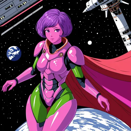 Prompt: Giant woman purple short hair purple eyes pink skin green body armour long red cape aboard spacecraft 