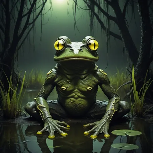 Prompt: Frogman cryptid with glowing yellow eyes, sitting in swamp, eerie green lighting, murky water, mysterious atmosphere, detailed textures, high quality, swamp creature, glowing eyes, eerie lighting, murky atmosphere, detailed textures, cryptid, mysterious, dark tones