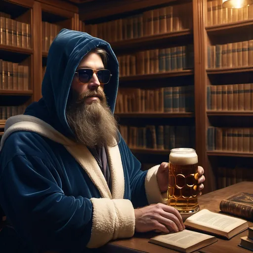 Prompt: Middle-aged bearded man, (long brown hair), (dark blue hood and robe), wearing (women's sunglasses), (one white glove), (photoshopped drinking beer), sitting in an office with (wooden bookshelves) filled with (old books), warm and inviting ambiance, dimly lit atmosphere, ultra-detailed, 4K resolution, conveying a sophisticated yet whimsical character, surrounded by the charm of literary history.