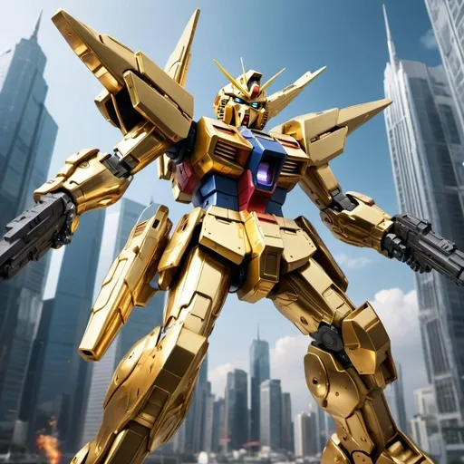 Prompt: Gold Gundam firing futuristic gun, flying above the city, futuristic skyscrapers in the background, metallic and golden finish, intense and dynamic action, high-tech details, futuristic cityscape, best quality, highres, ultra-detailed, sci-fi, futuristic, action-packed, metallic finish, dynamic pose, professional, dramatic lighting