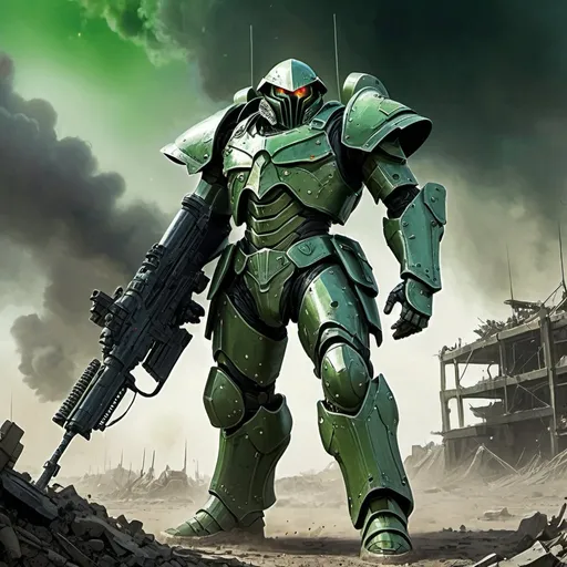 Prompt: Giant Zentraedi in green battle armor, holding rifle, walking through war zone, high quality, detailed, sci-fi, military, intense atmosphere, towering figure, futuristic weaponry, rugged terrain, battle-worn armor, powerful presence, apocalyptic setting, dynamic lighting