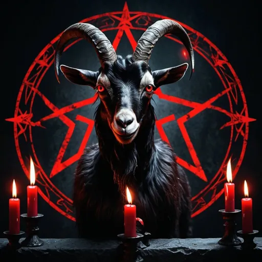 Prompt: Black goat with glowing red eyes, standing in the center of a pentagram, surrounded by lit black candles, high contrast, dark and eerie, devilish, occult, detailed fur with ominous shadows, intense and menacing gaze, sinister atmosphere, highres, ultra-detailed, horror, dark tones, ritualistic lighting