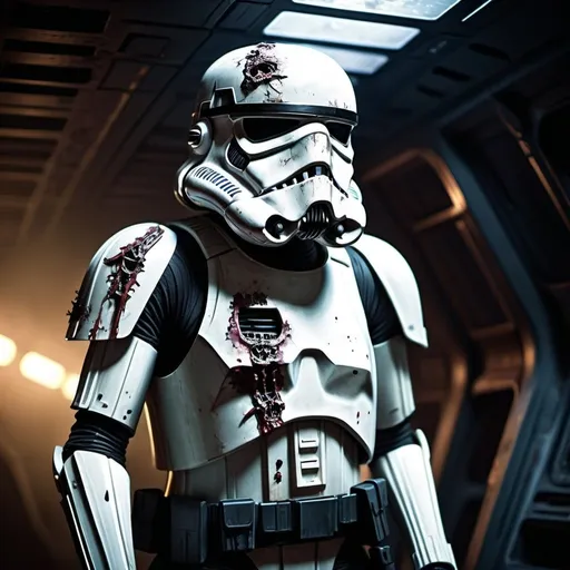 Prompt: Zombie stormtrooper on a Star Destroyer, eerie and decaying armor, intense and eerie glow, high-tech futuristic setting, dark and ominous atmosphere, detailed decay, high quality, ultra-detailed, sci-fi, horror, eerie glow, decayed armor, futuristic, intense atmosphere, ominous lighting