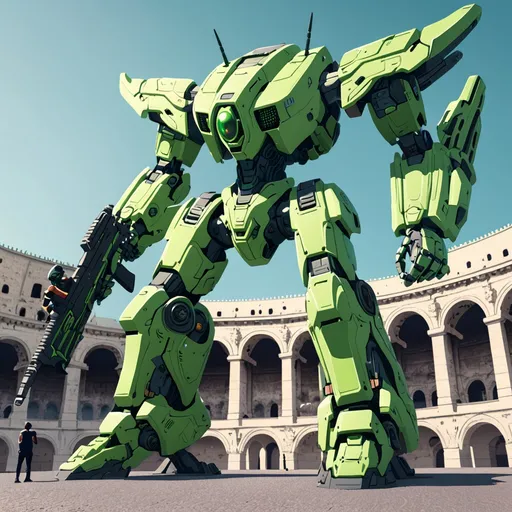 Prompt: Light green giant alien mech holding futuristic rifle outside coliseum 