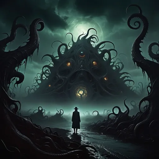 Prompt: (eerie Eldritch horror), unsettling atmosphere, dark shadows, grotesque forms, cosmic terror, unsettling landscape, surreal textures, haunting details, unnatural colors, nightmarish ambiance, otherworldly entities, diabolical presence, mysterious eldritch symbols, high contrast, atmospheric fog, ominous lighting, ultra-detailed, high quality.