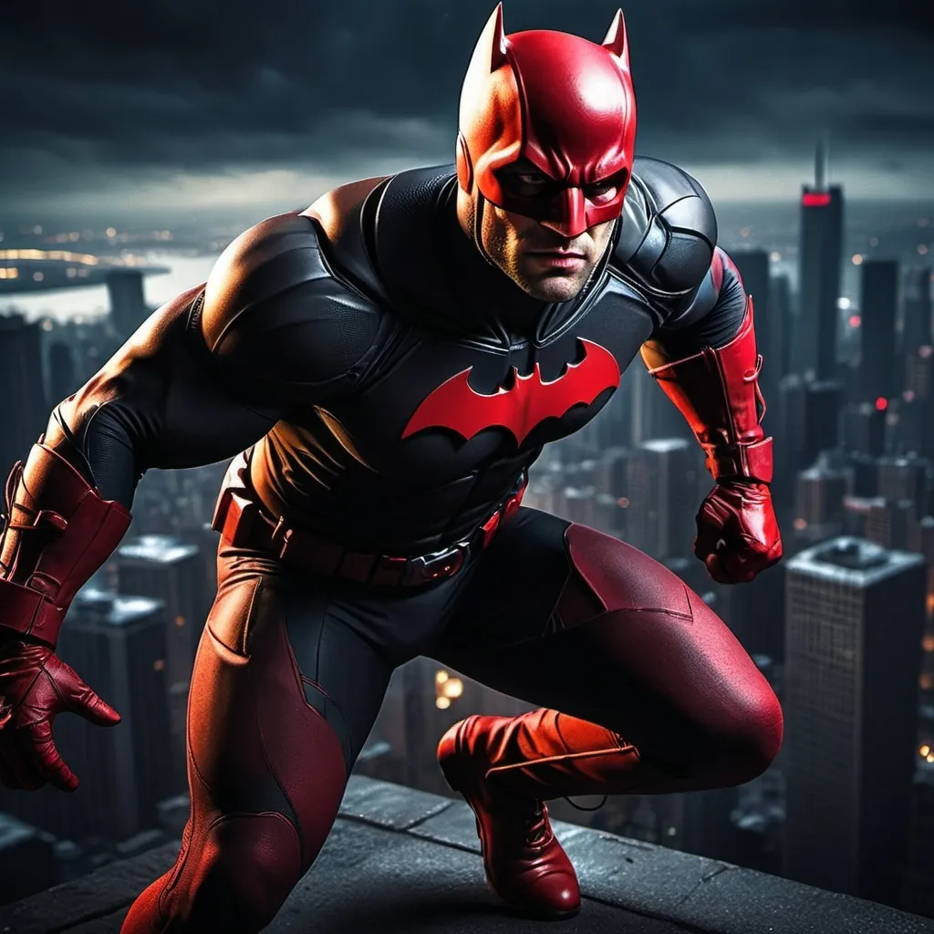 Prompt: (daredevil batman mashup), (superhero), dynamic action pose, dark and gritty atmosphere, shadowy backdrop, urban skyline, detailed costume blending elements of both superheroes, rich textures, cinematic lighting with dramatic highlights, intense expression, high contrast colors, (4K), ultra-detailed, showcasing power and agility, captivating adventure theme.