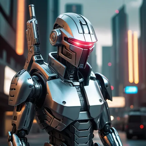 Prompt: Silver Android bounty hunter, metallic sheen, laser pistol, futuristic setting, high-tech cityscape, detailed robotic features, intense and focused gaze, high-quality 4k, ultra-detailed, sci-fi, cyberpunk, metallic tones, futuristic lighting