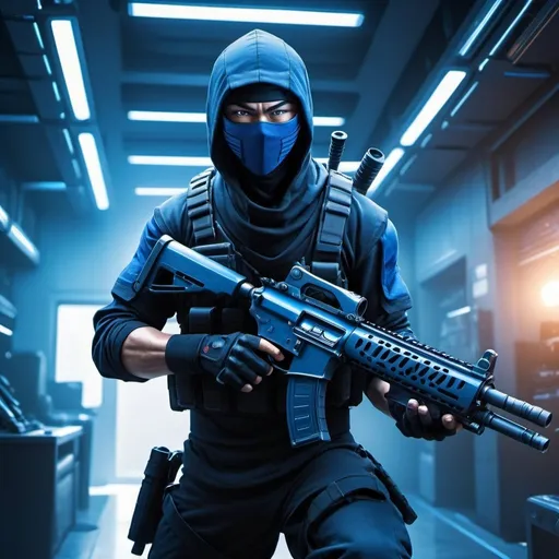 Prompt: Ninja with machine gun in blue-themed headquarters, highres, detailed, action-packed, anime, futuristic, cool tones, intense lighting, stealthy design, urban setting, detailed weaponry, professional quality