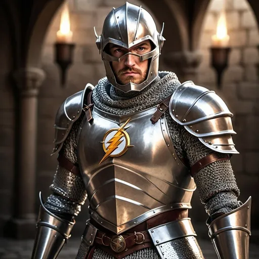 Prompt: Medieval knight The Flash in full armor, medieval setting, detailed chainmail and plate armor, intense and focused gaze, high-quality rendering, realistic, medieval, superhero, detailed armor, dynamic pose, heroic, medieval tones, dramatic lighting