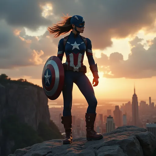 Prompt: Envision a fiercely determined female version of Captain America, adorned in her iconic suit, complete with the star-spangled colors of red, white, and blue, contrasting sharply against the backdrop of a twilight sky. She stands tall atop a rugged cliff, the wind tousling her hair beneath a snug skull cap, her fierce gaze fixed on the horizon, embodying courage and resilience. Subtle hints of the city skyline shimmer in the distance, illuminated by the last golden rays of sun. As clouds gather ominously, casting dramatic shadows, the atmosphere buzzes with anticipation, showcasing her readiness to protect and serve. The scene is depicted in a cinematic lighting style, emphasizing her powerful stance and the determination in her expression.