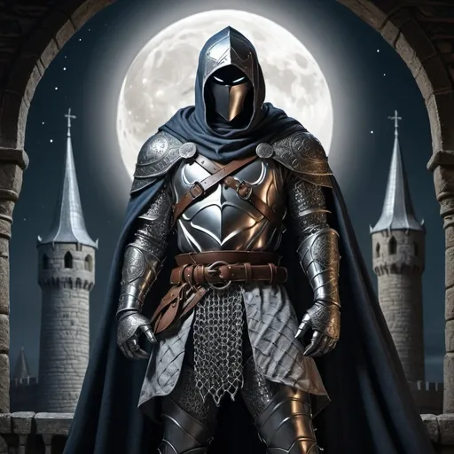 Prompt: Medieval illustration of Moon Knight, intricate armor and cloak, moonlit castle backdrop, detailed chainmail and leather, heroic stance, high quality, medieval, moonlit, detailed armor, heroic pose, professional lighting