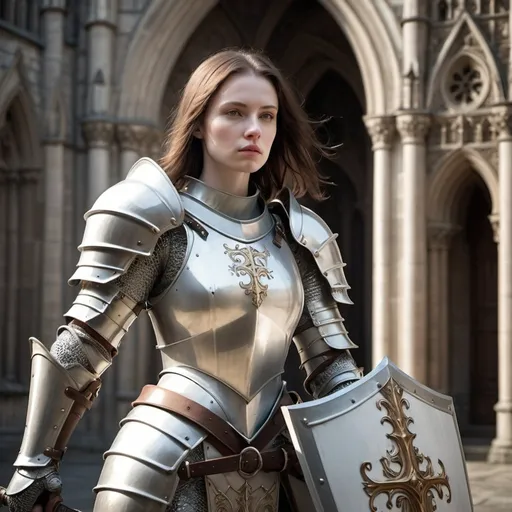 Prompt: Pale-skinned brunette female knight in white armor, holding sword and shield, outside cathedral, highres, detailed armor, medieval, ethereal lighting, heroic stance, ornate cathedral, soft and ethereal