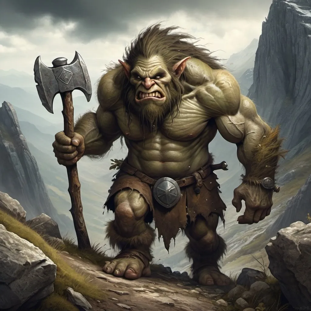 Prompt: Giant troll walking down mountainside carrying axe and shield, realistic digital painting, rugged and weathered skin, detailed facial features, dramatic lighting, highcontrast, earthy tones, epic fantasy, detailed textures, mountainous landscape, immense scale, high quality, ultra-detailed, realistic, fantasy, dramatic lighting, rugged, epic, earthy tones, detailed textures