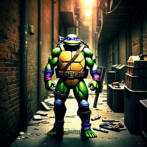 Prompt: Teenage Mutant Ninja Turtle heavily armed, standing in a back alley, vintage style, detailed weapons and accessories, urban setting, gritty atmosphere, realistic details, moody lighting, retro color tones, high quality