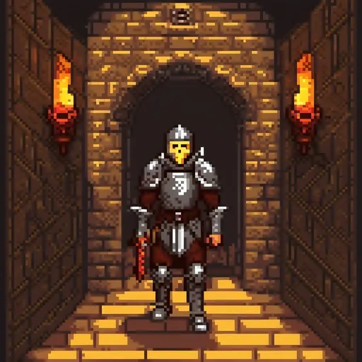 Prompt: Paladin walking down dungeon corridor, medieval oil painting, armor details, eerie atmosphere, torch-lit, high contrast, dramatic lighting, high quality, medieval, fantasy, detailed armor, eerie ambiance, torch-lit, dramatic lighting