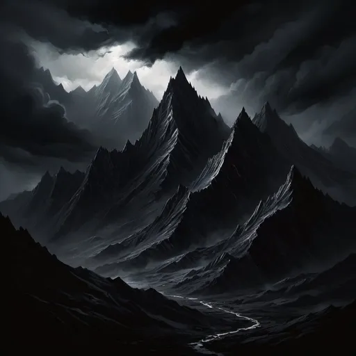 Prompt: Foreboding black jagged mountains, ominous atmosphere, high contrast, digital painting, dark and eerie, intense shadows, realistic, high quality, haunting, mountain range, stormy sky, menacing, desolate, atmospheric lighting
