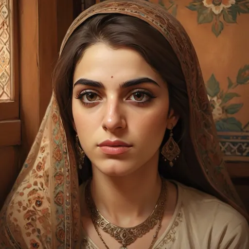 Prompt: Persian transgender woman, traditional Persian interior, melancholic expression, detailed facial features, high quality, digital painting, realistic, warm earthy tones, soft natural lighting