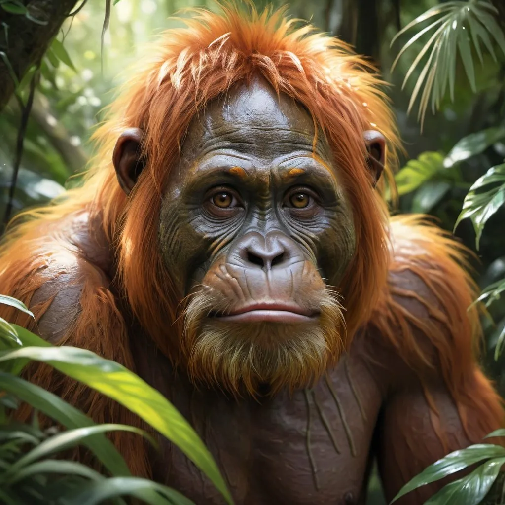 Prompt: Orang Pendak in lush jungle, digital painting, dense foliage, realistic, earthy tones, dappled sunlight, intense eyes, detailed fur, highres, detailed, realistic, jungle, digital painting, earthy tones, dappled sunlight, intense eyes