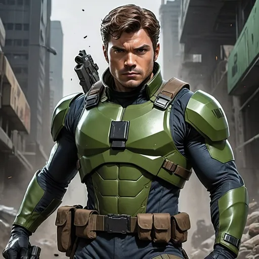 Prompt: Solo from Marvel Comics in green body armor, war zone, submachine gun, intense and focused gaze, high-tech equipment, professional, realistic, action-packed, dark and gritty, military-inspired, detailed weaponry, intense lighting, high quality, combat ready