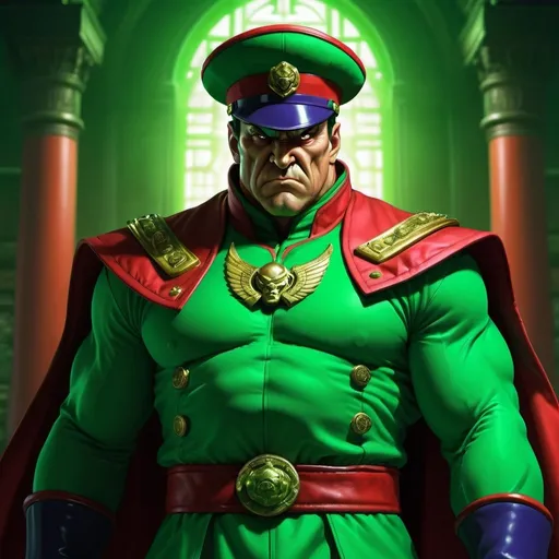 Prompt: M. Bison in green outfit, psycho power, ancient temple, high quality, detailed, digital art, dramatic lighting, vibrant green, intense expression, mystical atmosphere, powerful, menacing, martial arts, detailed costume, realistic, atmospheric lighting