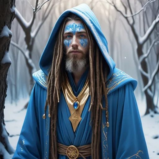 Prompt: (caucasian wizard), long brown dreadlocks and beard, blue face paint, (blue hood and robe), gold sequin adornments, enchanted winter forest, falling snowflakes, frosty trees, cool and serene ambiance, mystical atmosphere, soft light filtering through branches, (high detail), (4K), magical realism, snowy path, captivating journey.